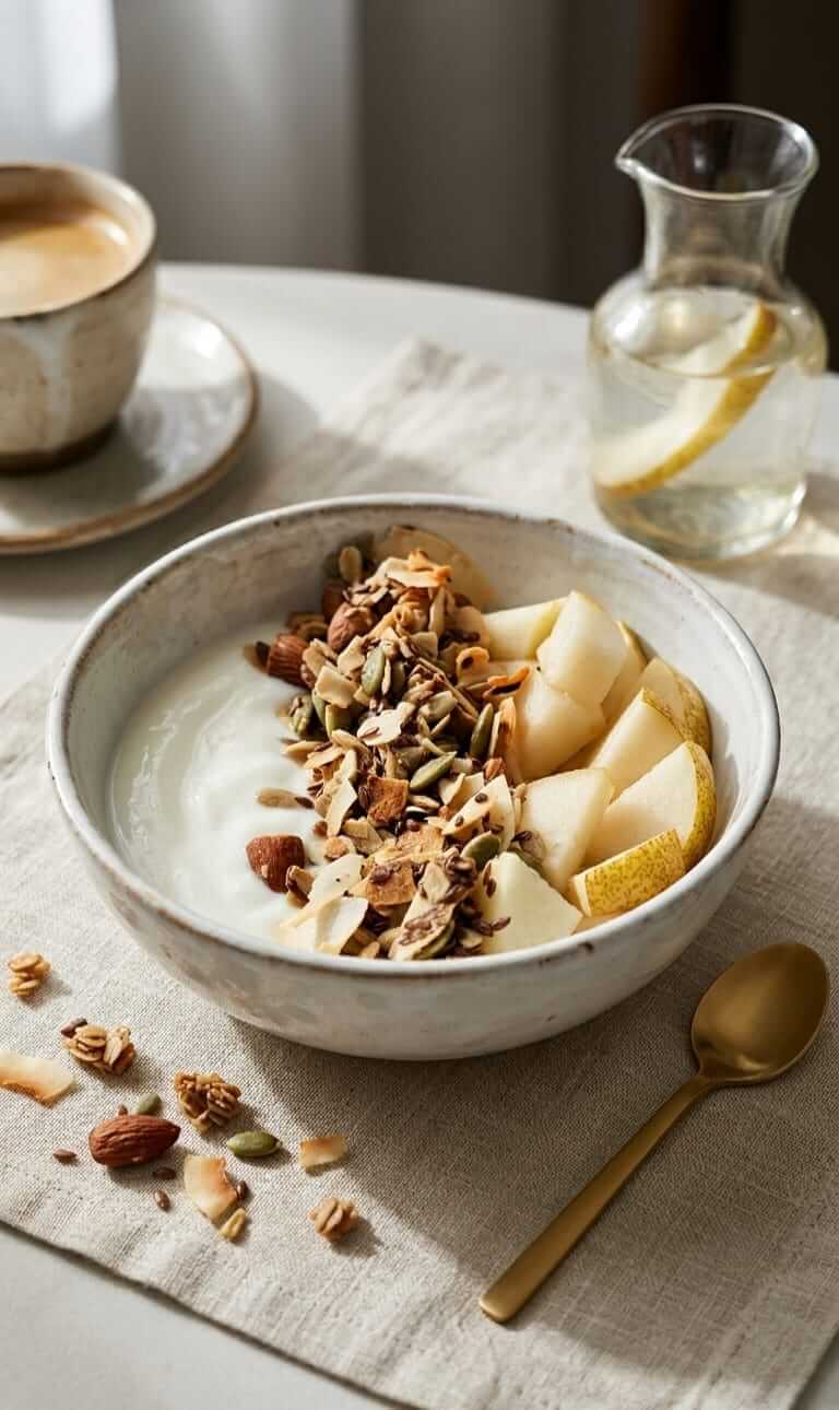Bowl de cerámica con yourt, granola artesanal Keto semillas Kyniut, con trozos de pera, acompañado de una taza de café y una jarra de agua en un ambiente de desayuno iluminado con luz natural.